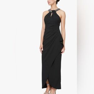 $119 Long Beaded Halter Neck Dress with Cascade Ruffle Detail